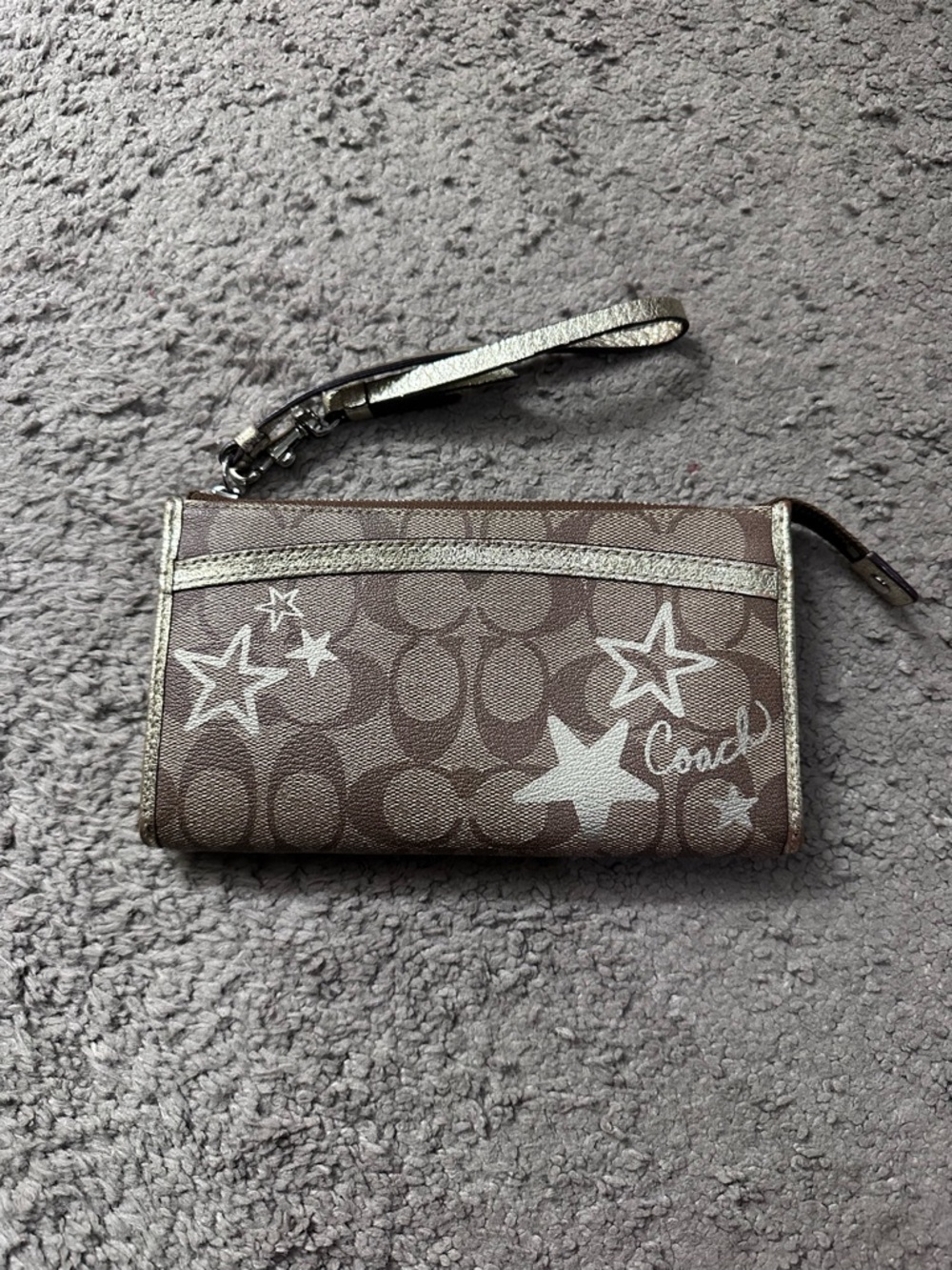 Coach Brown Signature Star Print Wristlet with Silver Trim